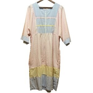 Vandemere Pastel Seersucker Zipper Dress W/ Pockets 3/4 Sleeve CottageCore 1980s